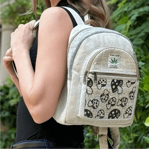 Mini Hemp Mushroom Backpack - 10" Handmade Cotton and Hemp Boho Bag from Nepal - Picture 8 of 11